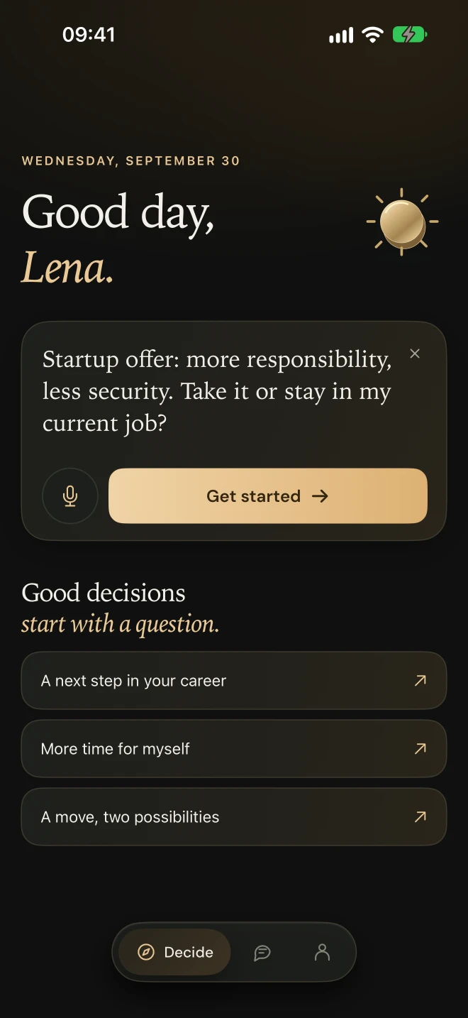 instin home screen with a startup job offer: more responsibility or the security of the current job