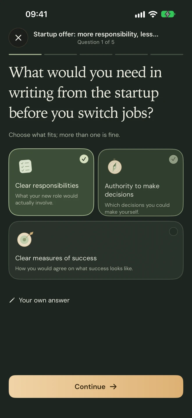 Two answers are selected: clear responsibilities and authority to make decisions