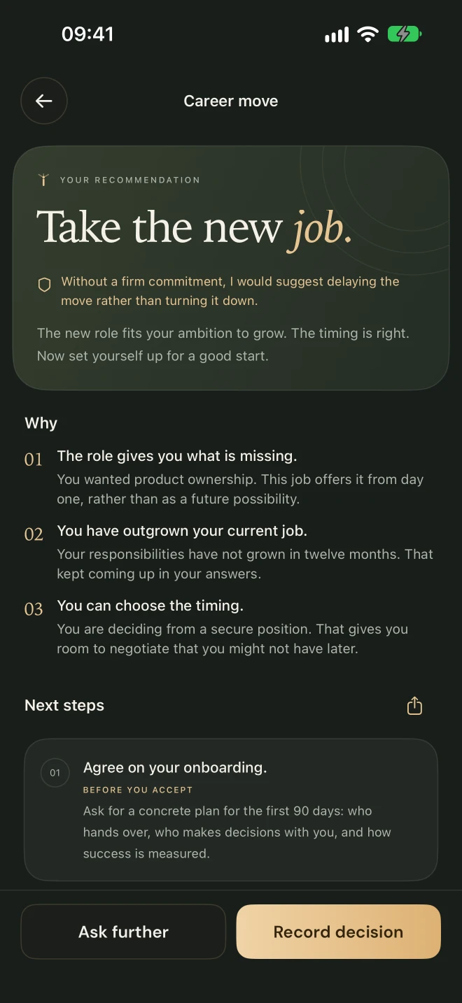 The recommendation with reasons and a next step