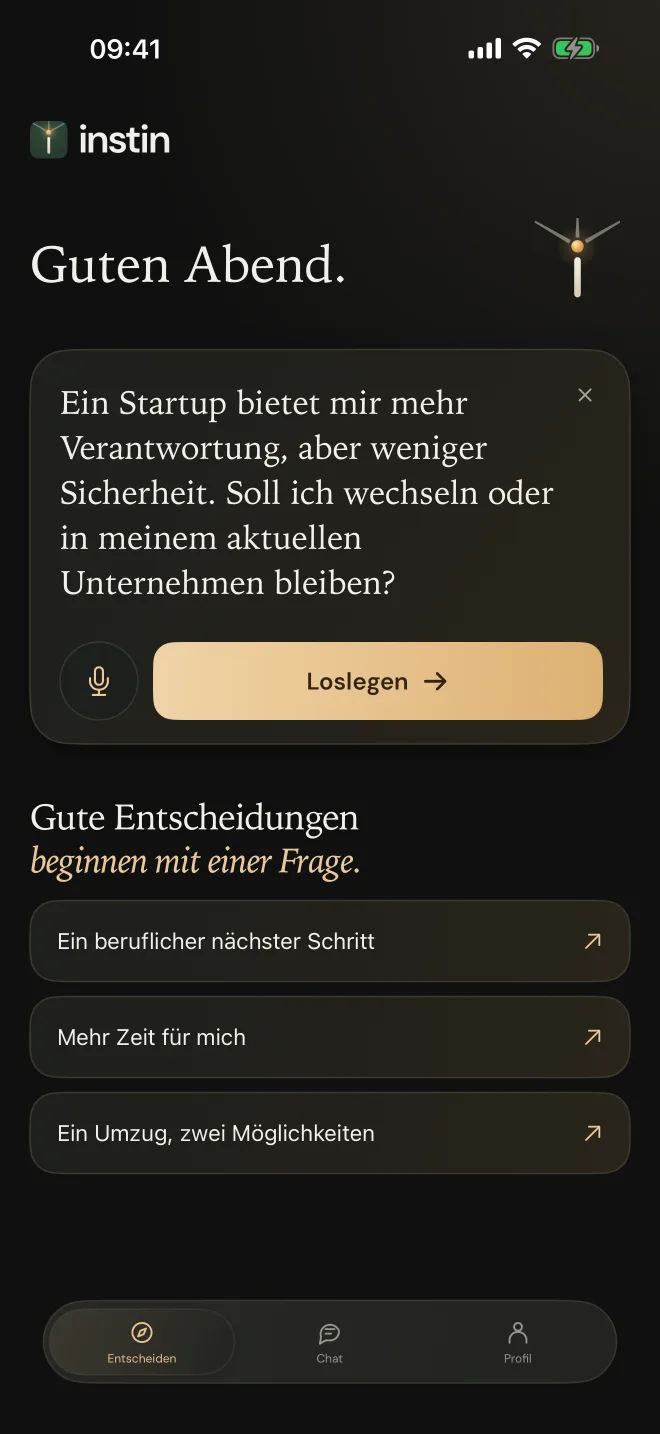 Startseite von instin: „Guten Abend.“ und die geschilderte Situation zu einem Jobangebot eines Startups