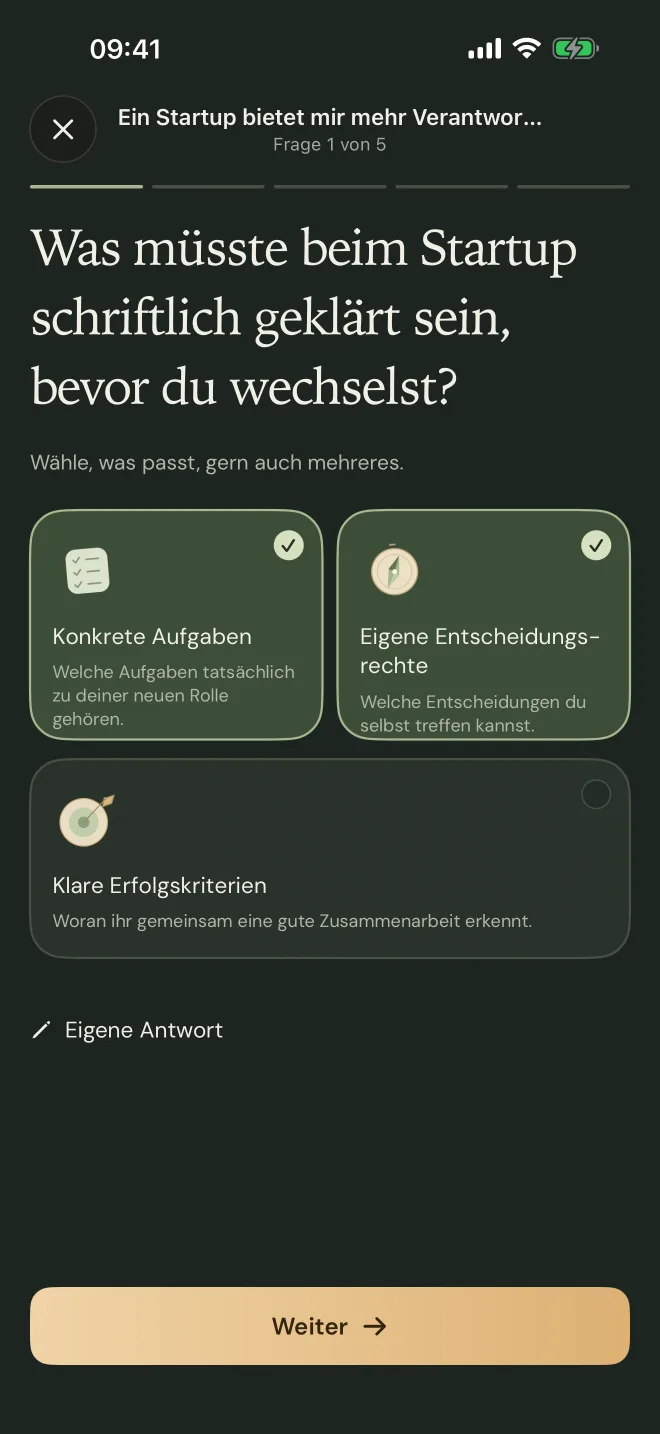 Zwei Antworten sind angetippt: Konkrete Aufgaben und eigene Entscheidungsrechte
